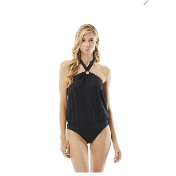 Michael Kors Logo Ring Halter Blouson One Piece Swimsuit NWT Size 8